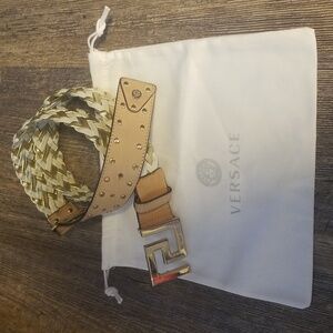 Versace Leather Greca Buckle Gold Belt & Dust Bag Size 35-38 Beige/White Braided